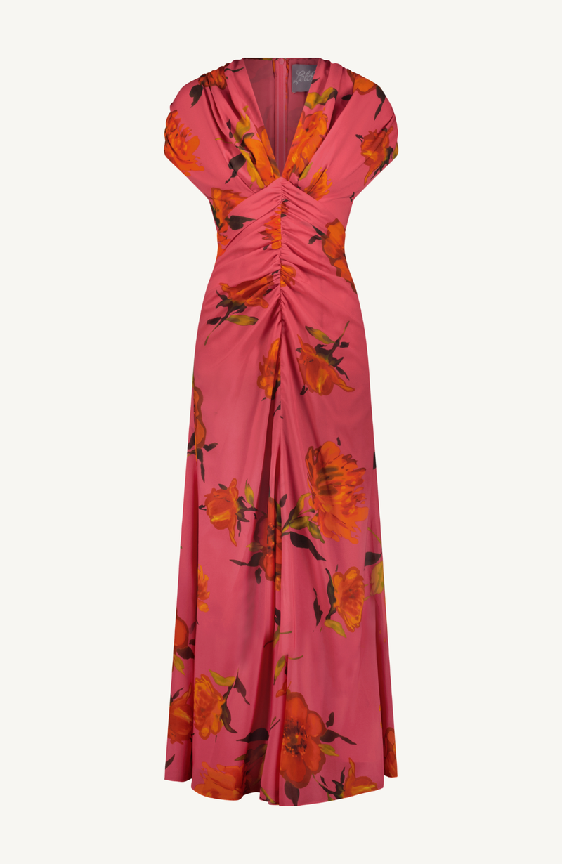 Floral Printed Chiffon V Neck Shirred Dress