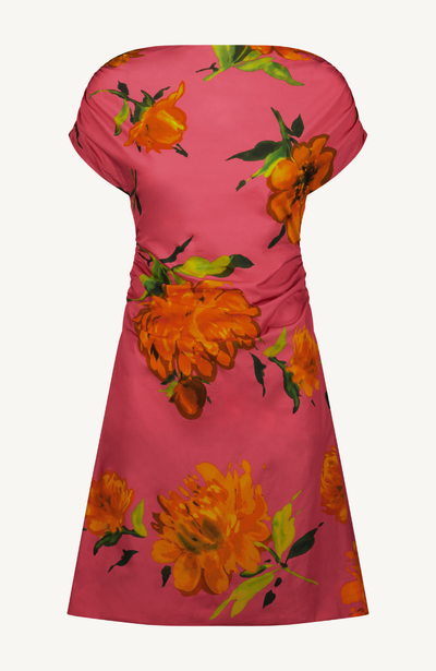 Floral Printed Cotton Cap Sleeve Shirred A Line Dress