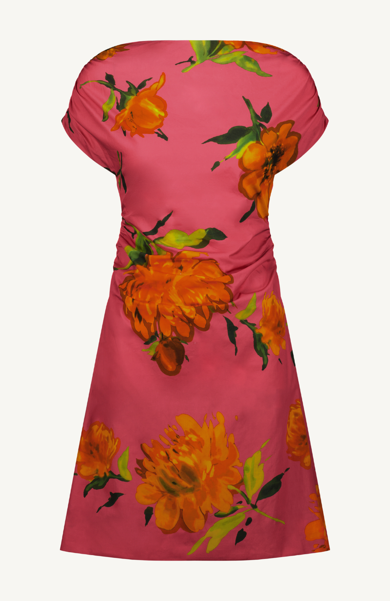 Floral Printed Cotton Cap Sleeve Shirred A Line Dress