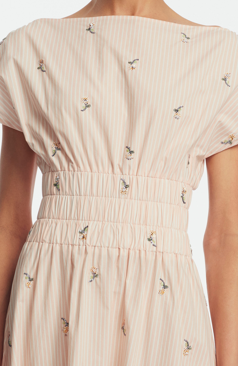 Embroidered Striped Cotton Midi Dress