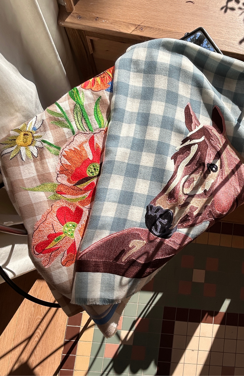 Merino Wool Horse Embroidered Scarf