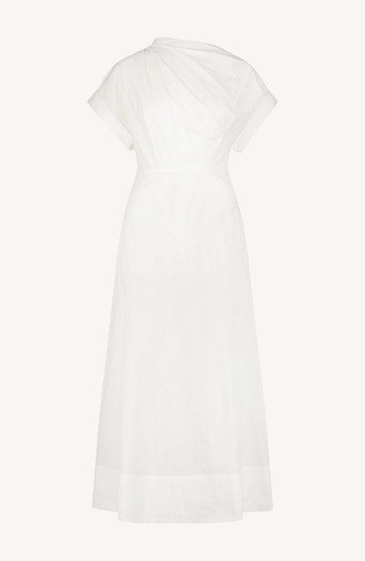 Cotton Poplin Short Sleeve Draped Shoulder Midi Dress