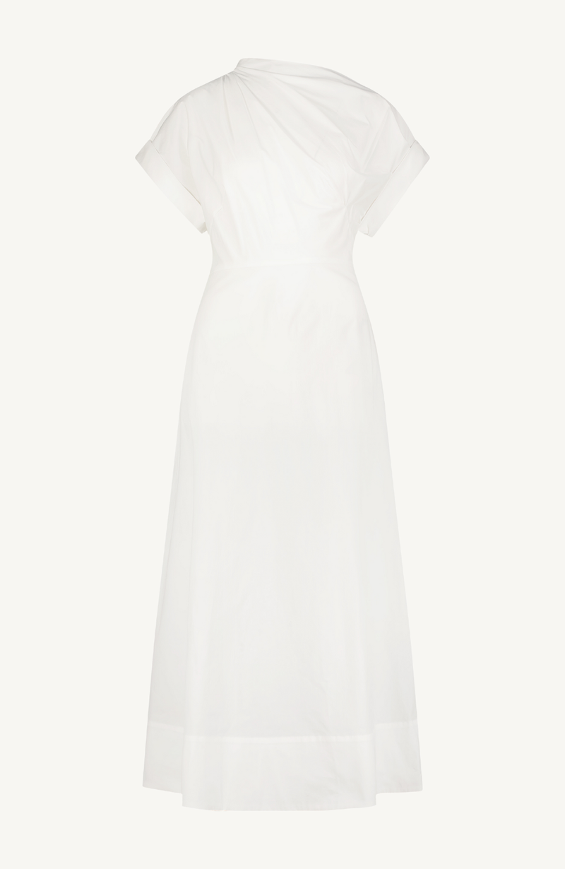 Cotton Poplin Short Sleeve Draped Shoulder Midi Dress