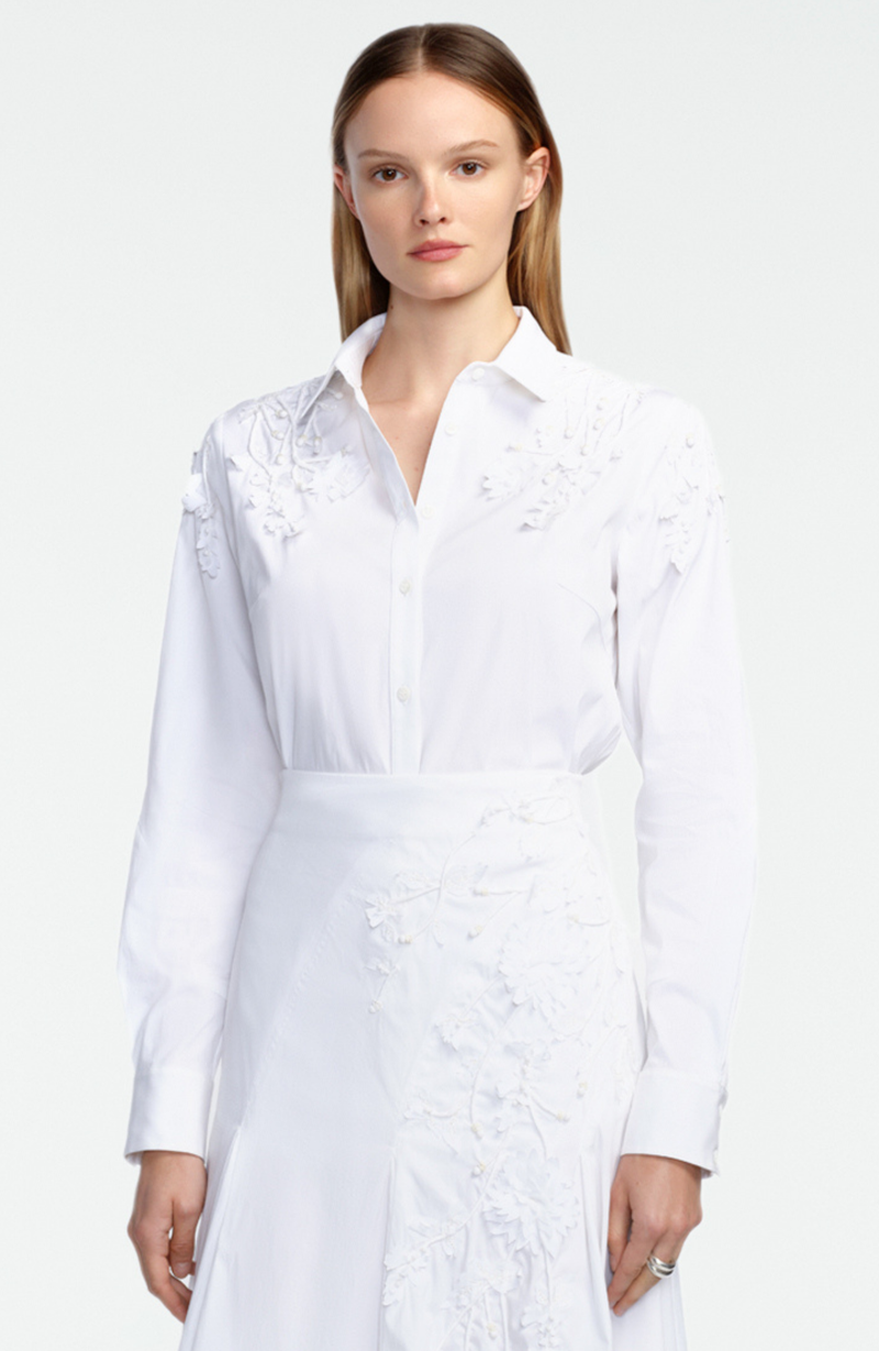 Porcelain Floral Embroidered Cotton Poplin Shirt