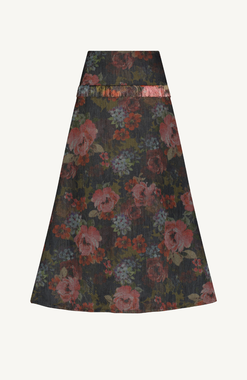 Floral Denim Fringe Detail Skirt