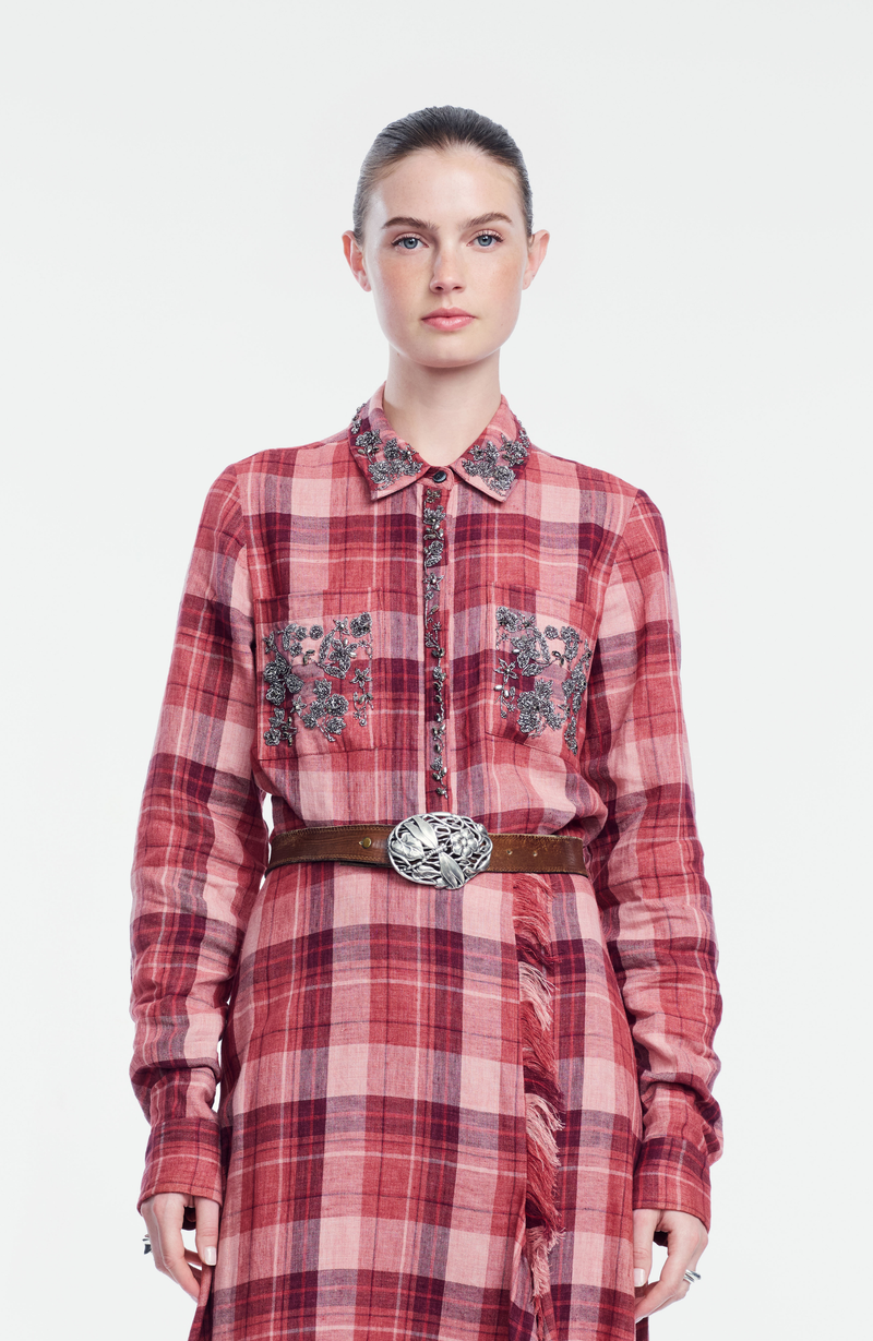 Plaid Linen Metallic Embroidered Shirt