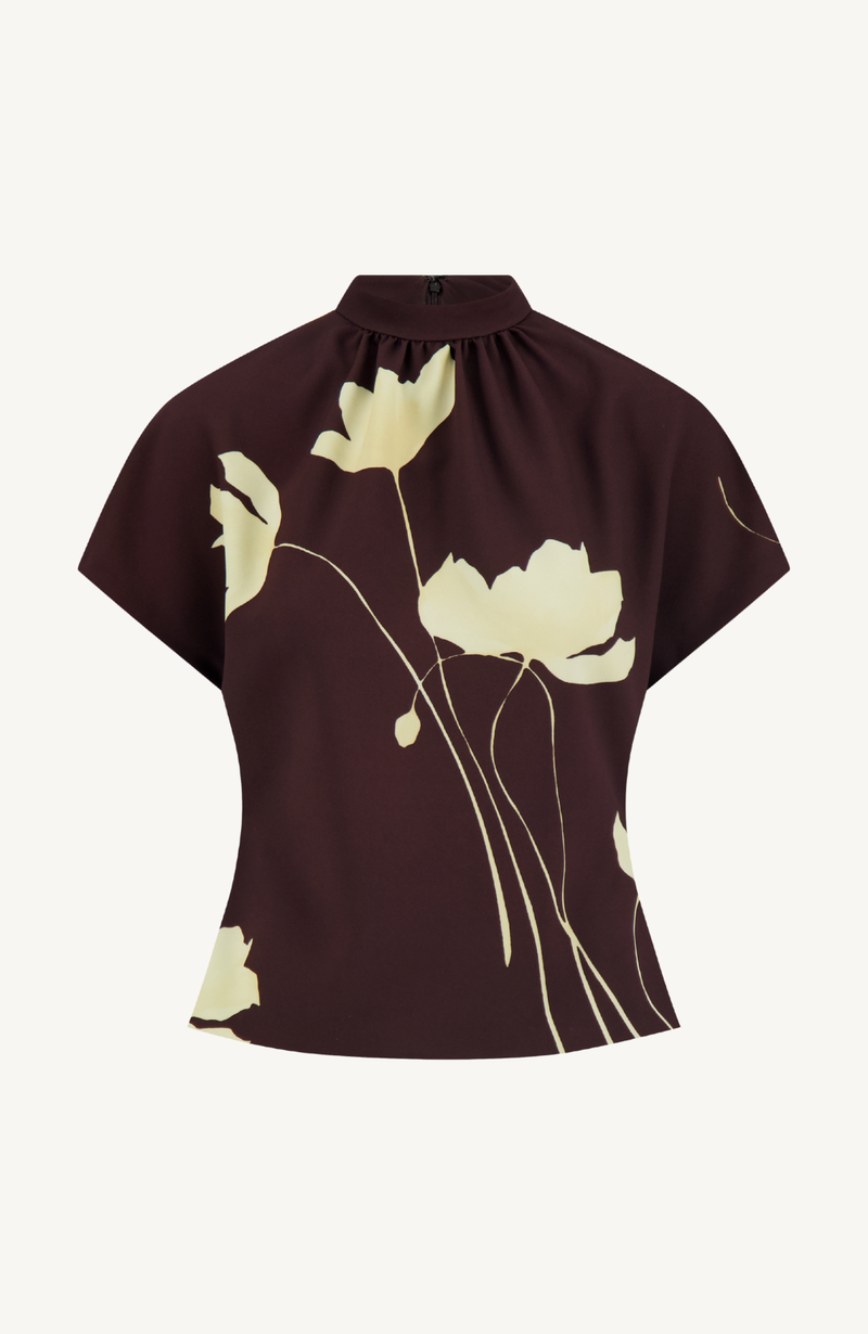 Floral Printed Crepe Mock Neck Short Sleeve Top