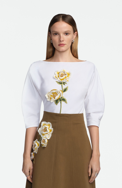 3D Peony Embroidered Cotton Poplin Top