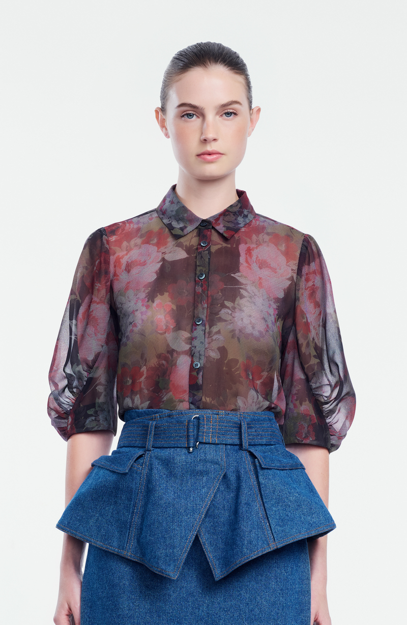 Floral Printed Chiffon Shirred Sleeve Top