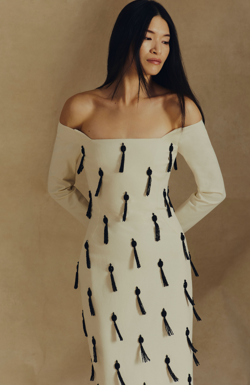 Tassel Embroidered Stretch Cotton Off The Shoulder Dress