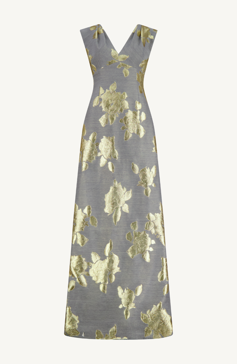 Floral Fil Coupe V Neck Gown