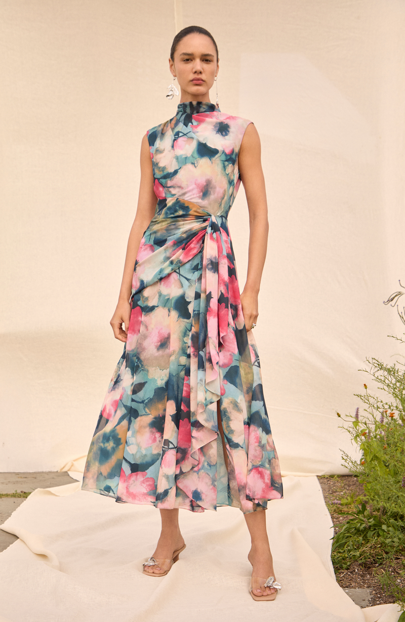Floral Printed Chiffon Draped Dress – Lela Rose