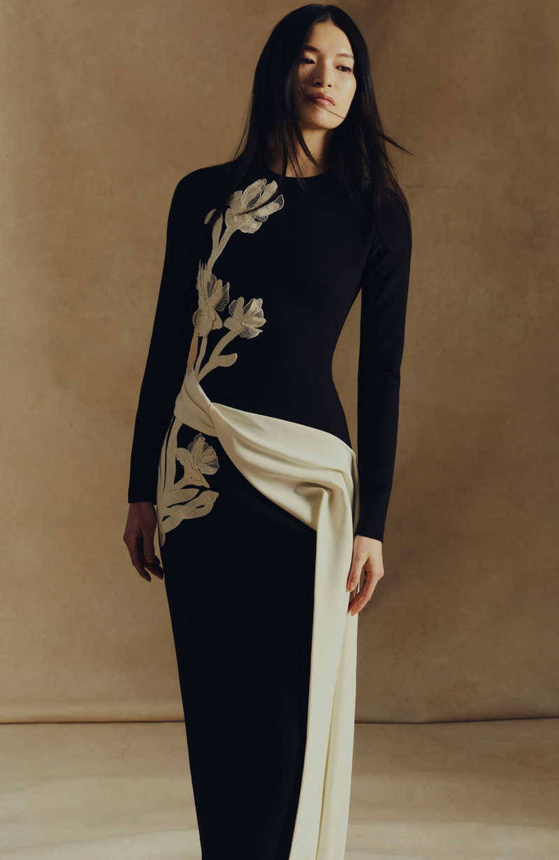Floral Organza Embroidered Crepe Dress