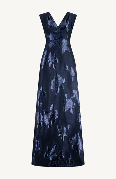 Floral Fil Coupe V Neck Gown