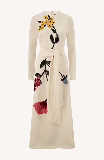 Floral Embroidery Long Sleeve Tie Waist Dress