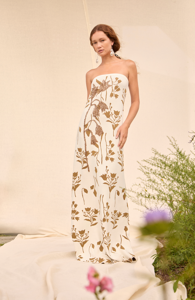 Floral Jacquard Knit Beaded Strapless Dress