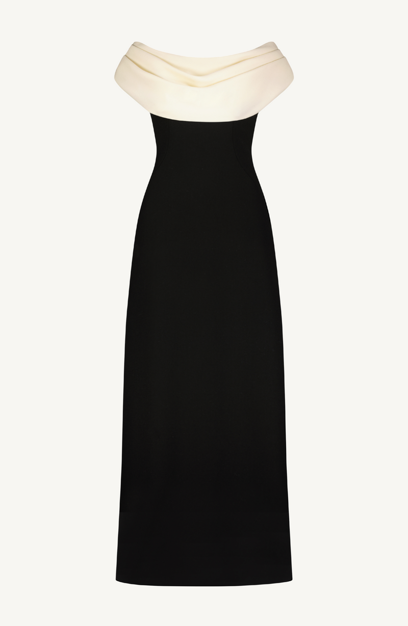 Wool Crepe Cowl Neck Gown Black/Cream / 00 / F259420 Wool Crepe Cowl Neck Gown Black/Cream / 00 / F259420