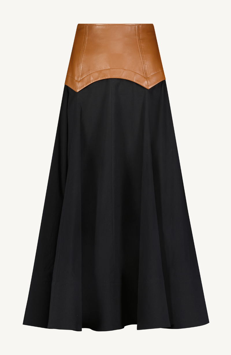 Cotton Poplin Full Skirt with Leather Waistband