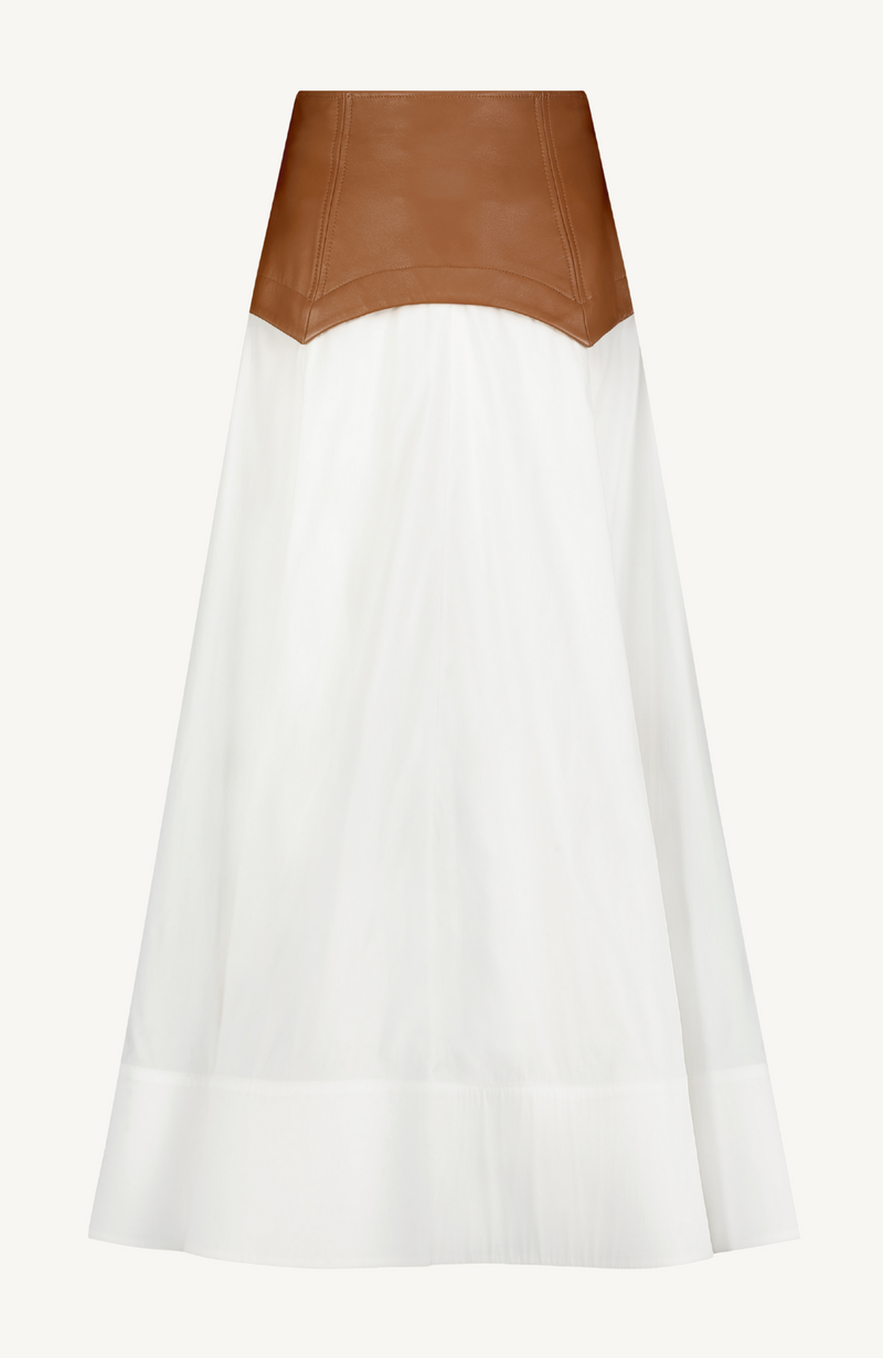 Cotton Poplin Full Skirt with Leather Waistband
