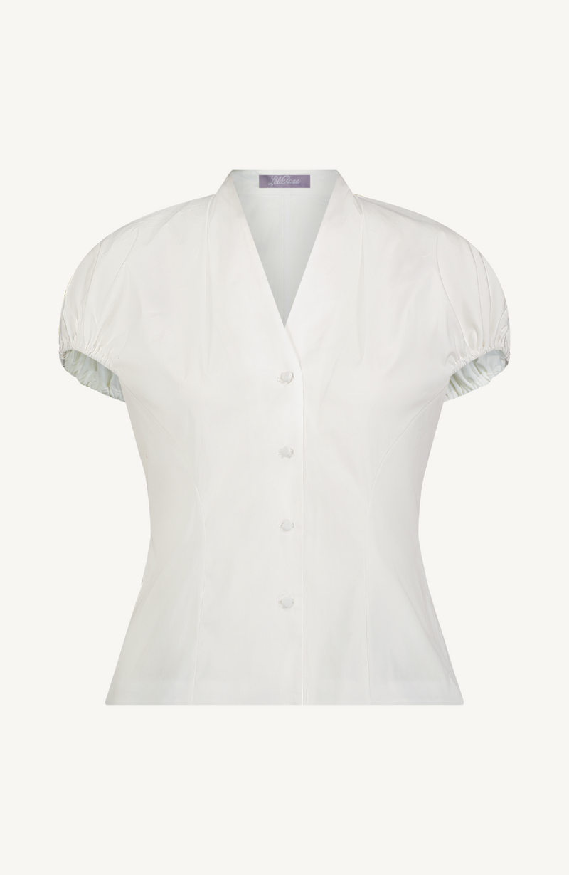 Cotton Poplin Button Front V Neck Blouse