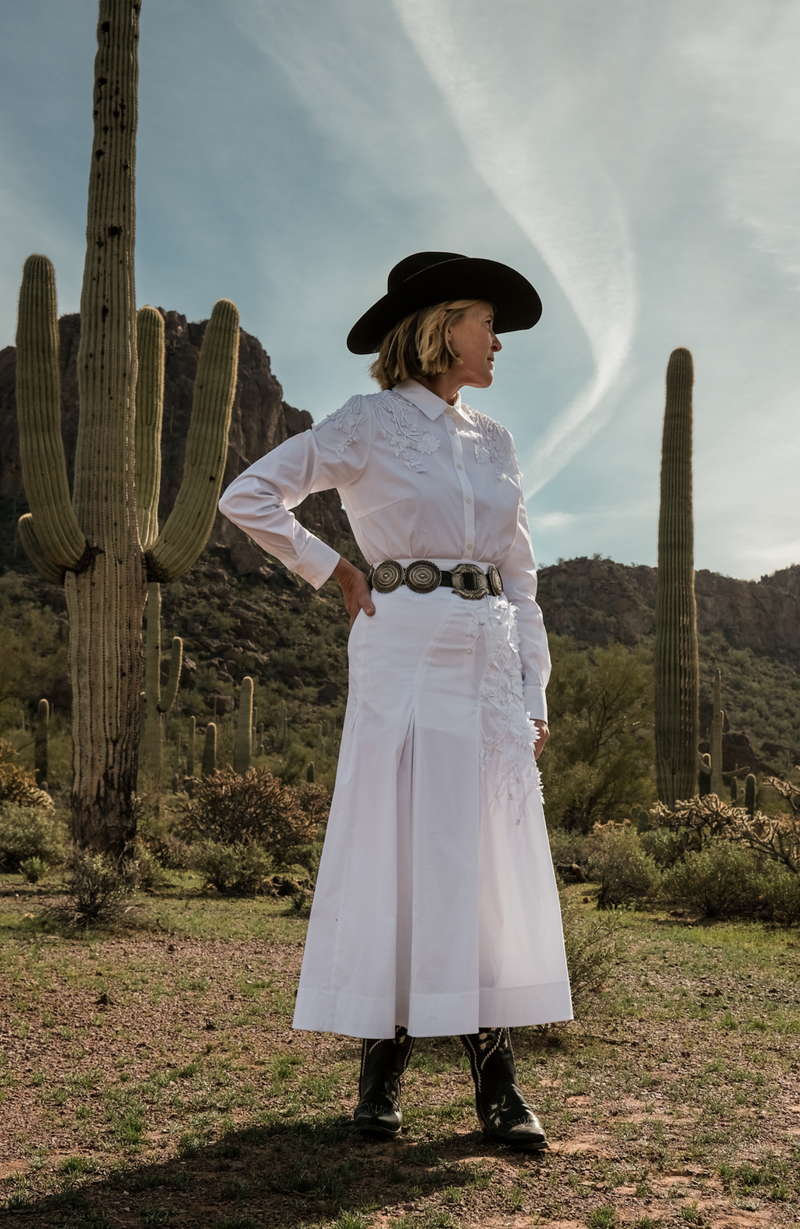 Porcelain Floral Embroidered Cotton Poplin Skirt