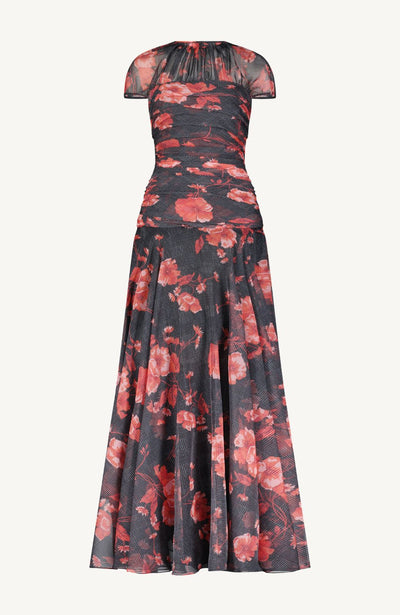 Floral Printed Glenn Plaid Chiffon Ruched Gown