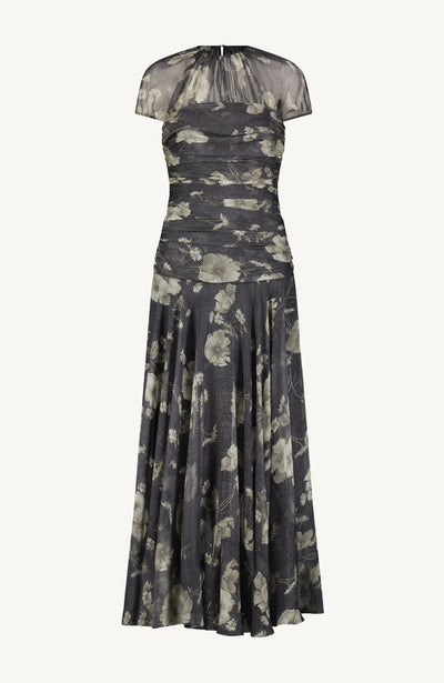 Floral Printed Glenn Plaid Chiffon Ruched Gown