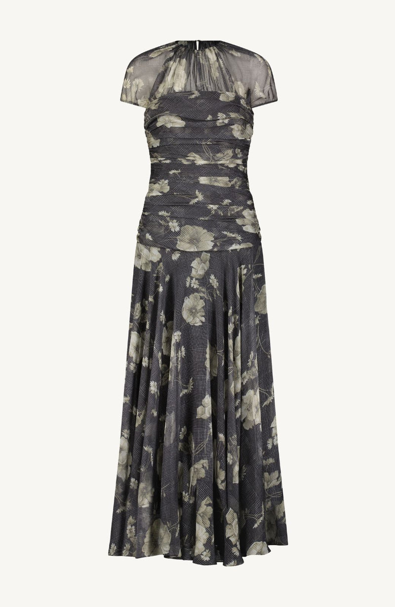 Floral Printed Glenn Plaid Chiffon Ruched Gown
