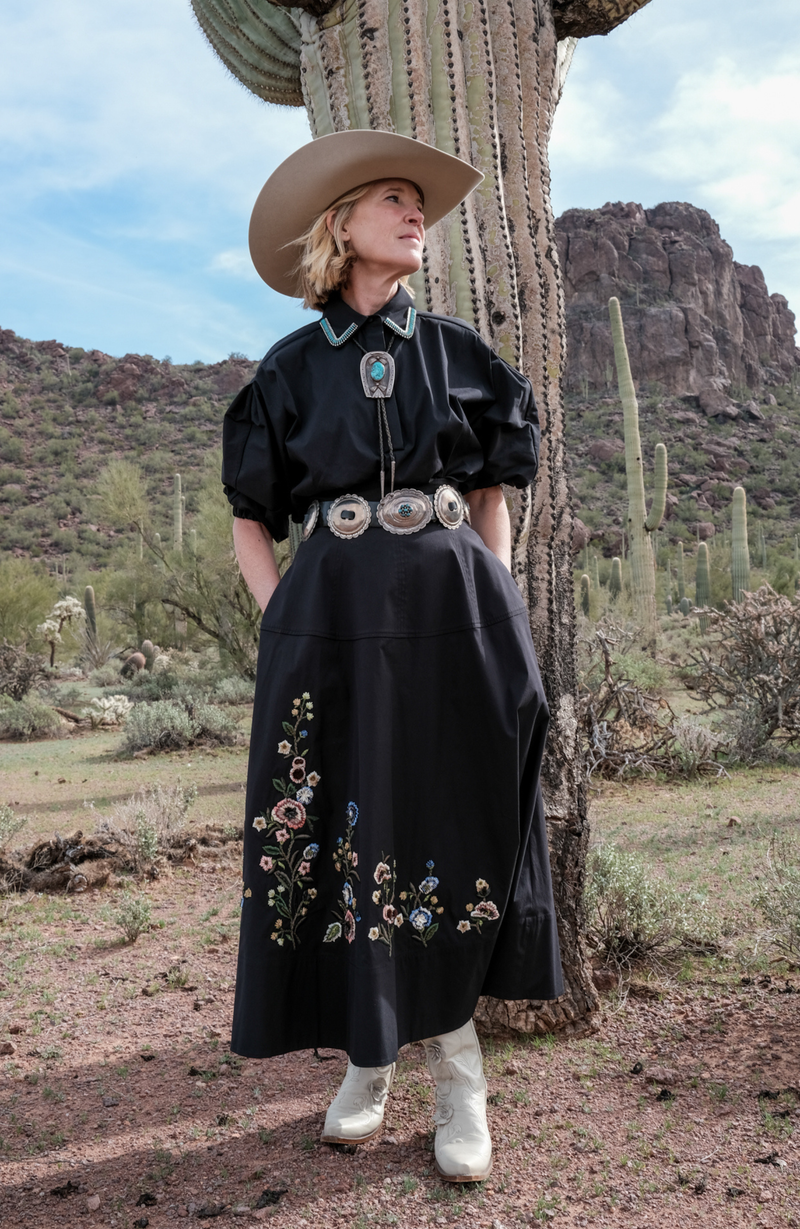 Floral Thread Embroidered Cotton Poplin Skirt