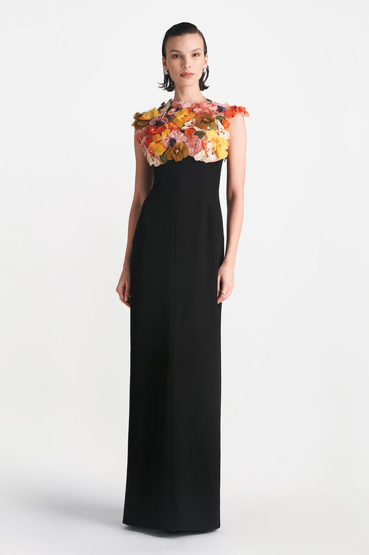 Mixed Media Floral Embroidery Cap Sleeve Gown