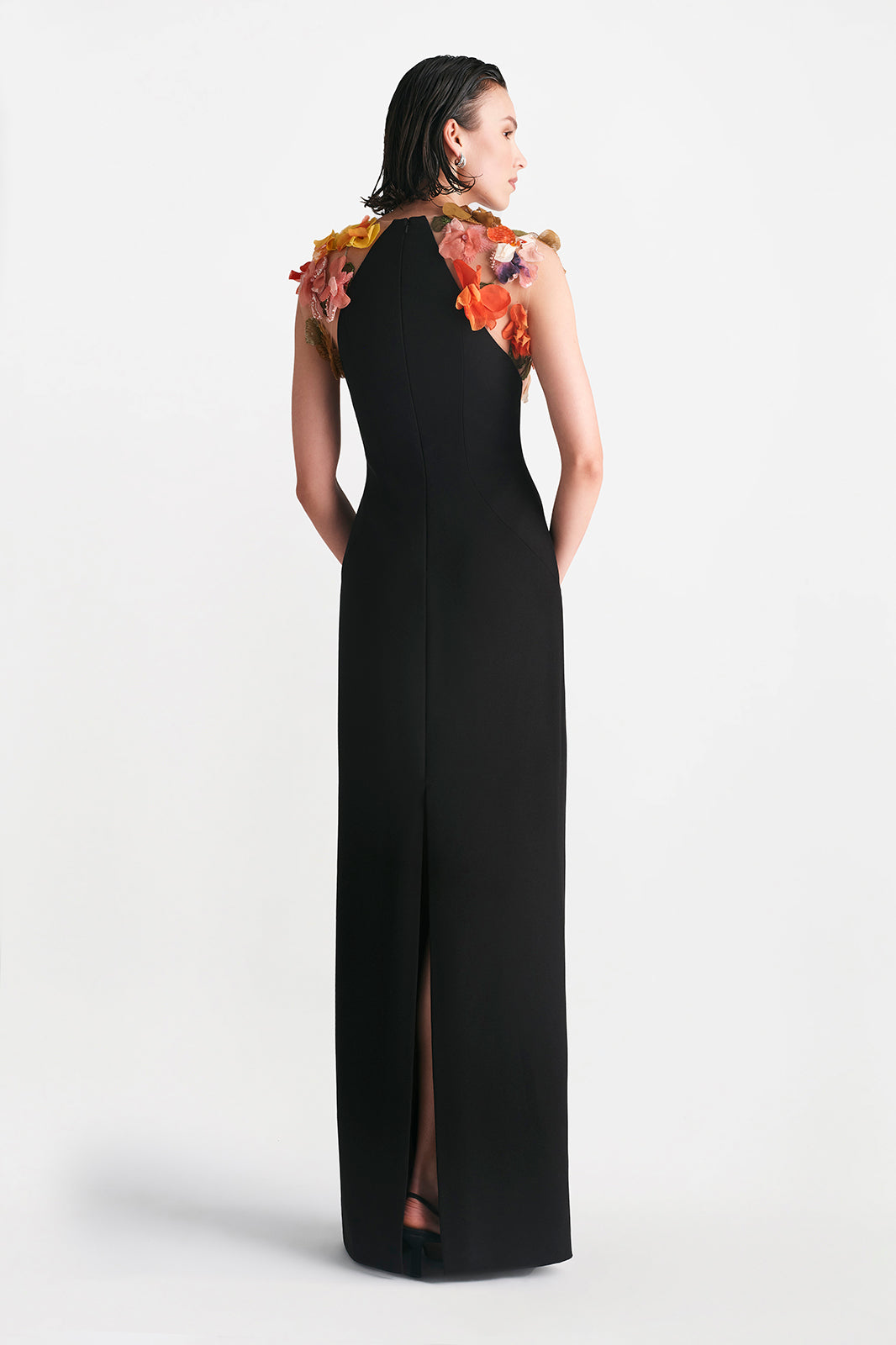 Mixed Media Floral Embroidery Cap Sleeve Gown