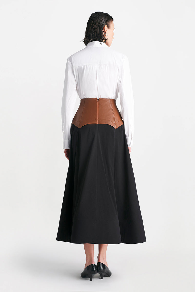 Cotton Poplin Full Skirt with Leather Waistband