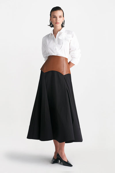 Cotton Poplin Full Skirt with Leather Waistband
