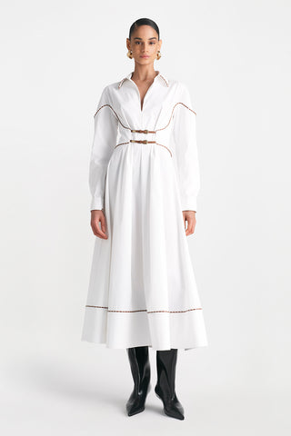 Cotton Poplin Leather Trim Shirt Dress