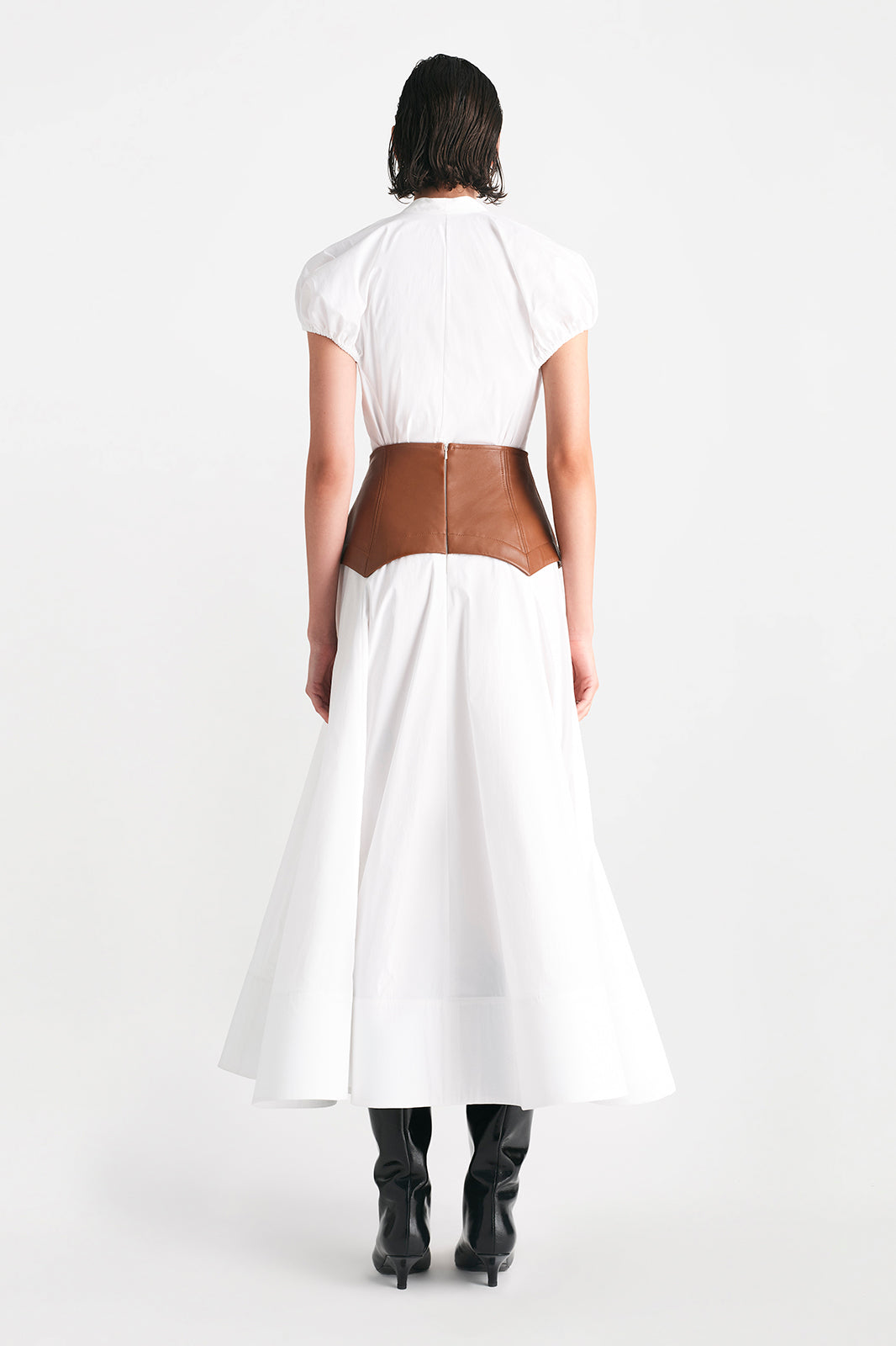 Cotton Poplin Full Skirt with Leather Waistband