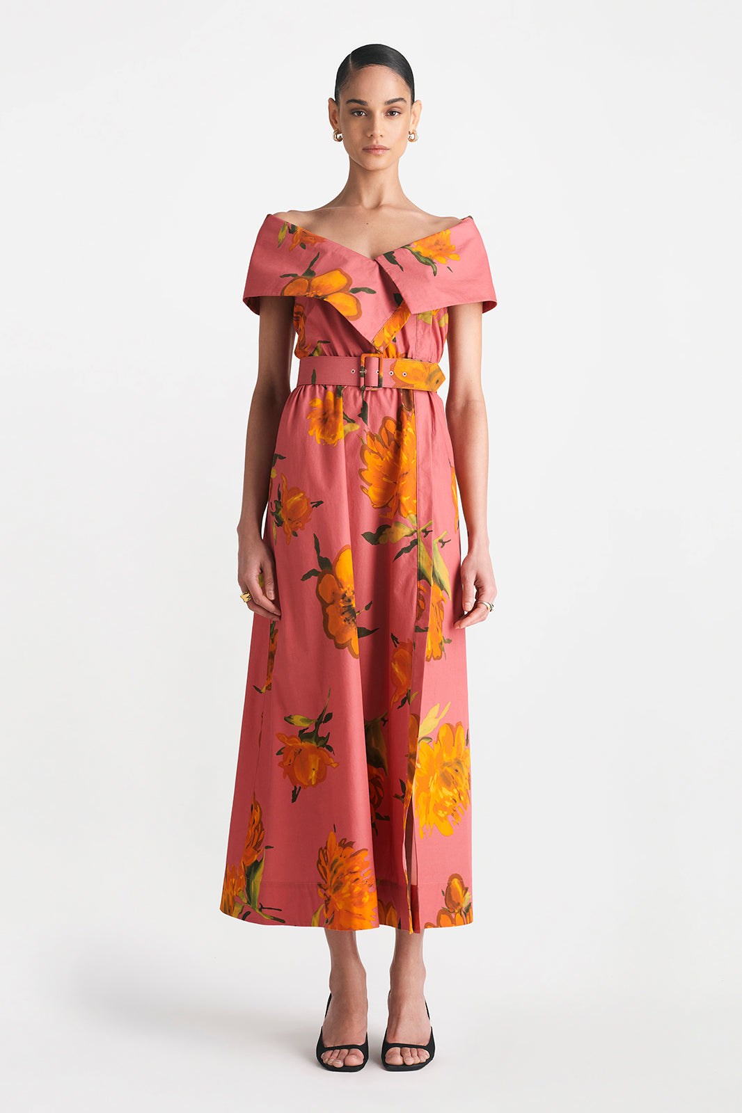 Floral Printed Cotton Asymmetrical Button Front Cuff Dress