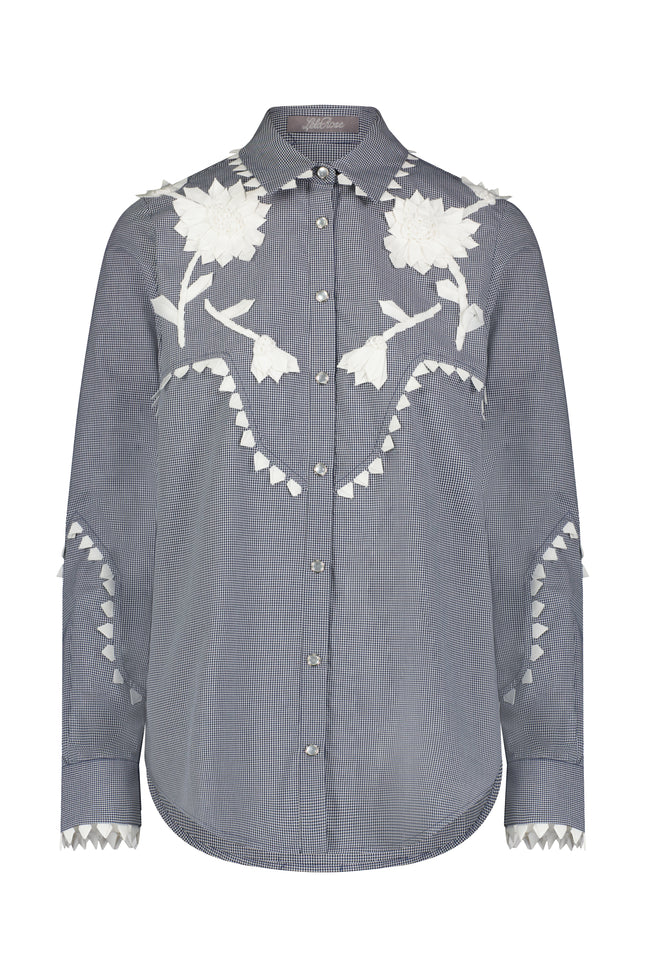 Checked Poplin Grosgrain Floral Embroidered Shirt