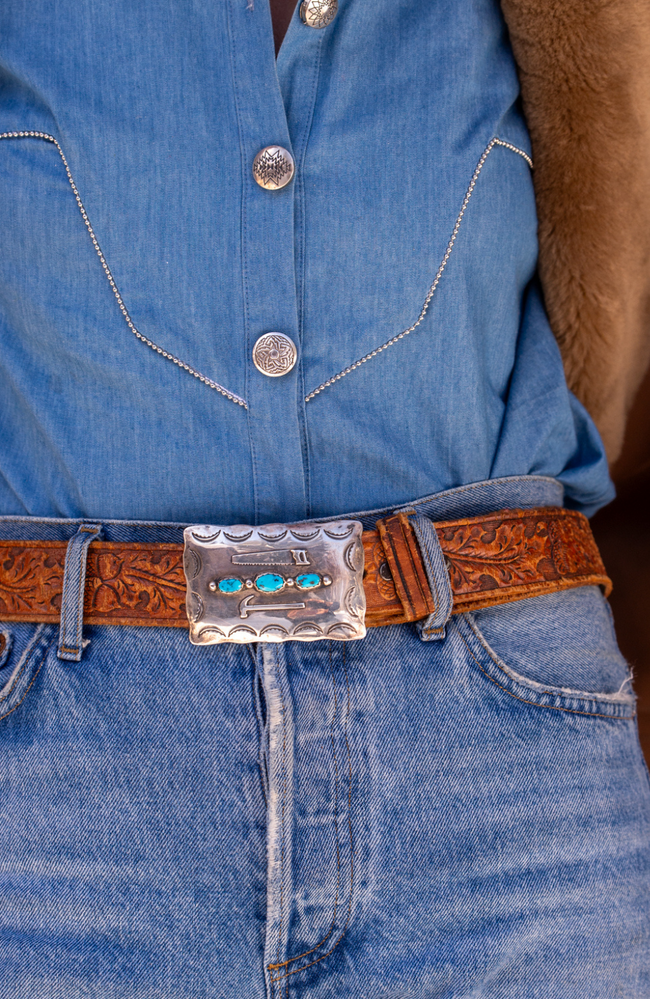 Vintage Navajo Sterling Silver & Turquoise Builder's Belt Buckle
