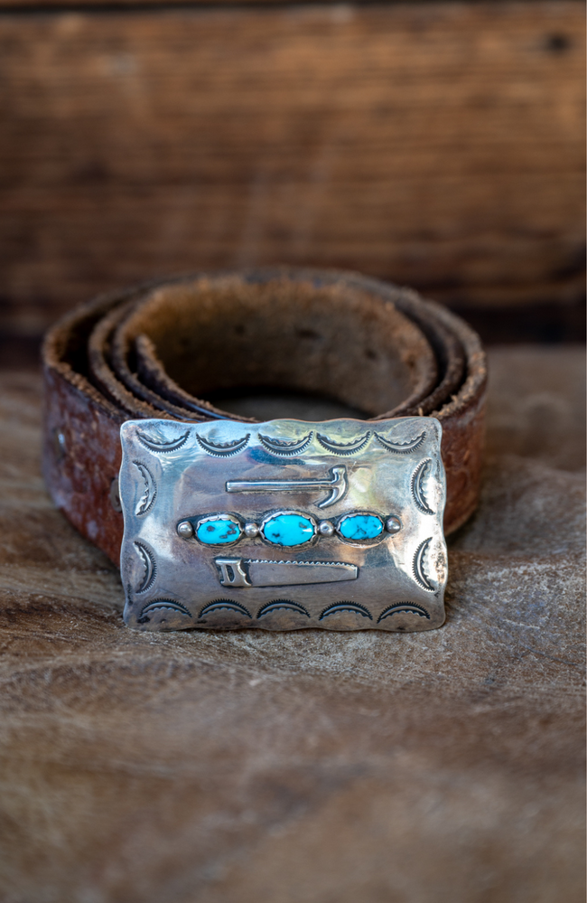 Vintage Navajo Sterling Silver & Turquoise Builder's Belt Buckle