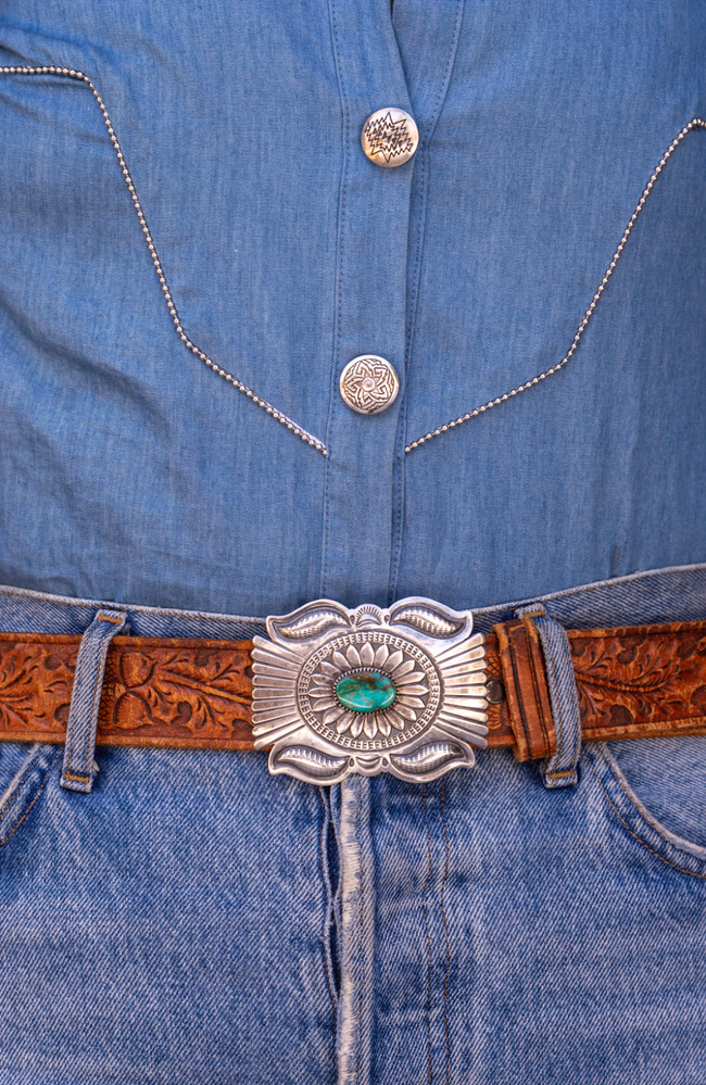 Vintage Navajo Sterling Silver & Turquoise Concho Belt Buckle