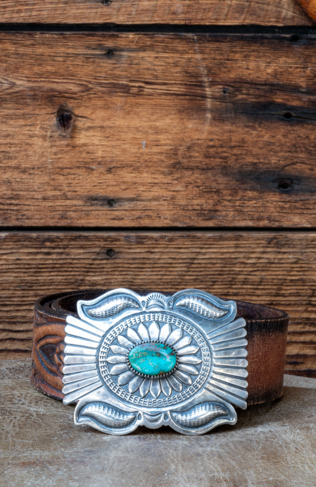 Vintage Navajo Sterling Silver & Turquoise Concho Belt Buckle