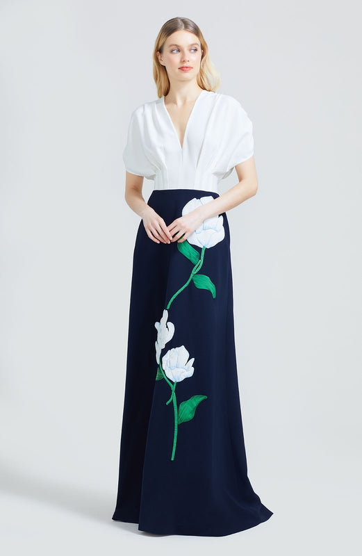 Floral Embroidered Fluid Crepe V-Neck Gown