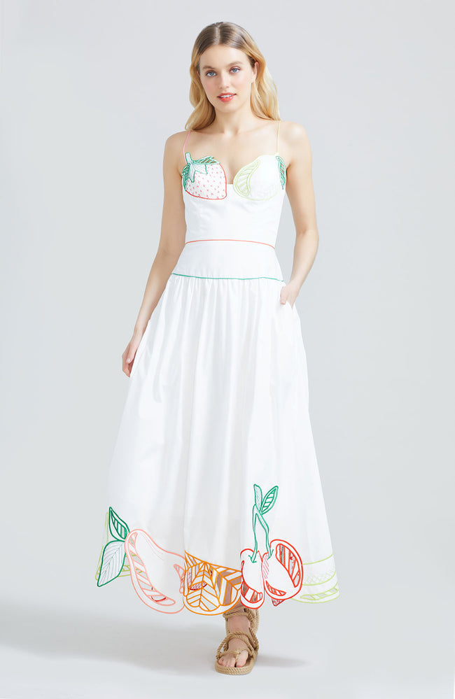 Fruit Embroidered Cotton Poplin Drop Waist Dress