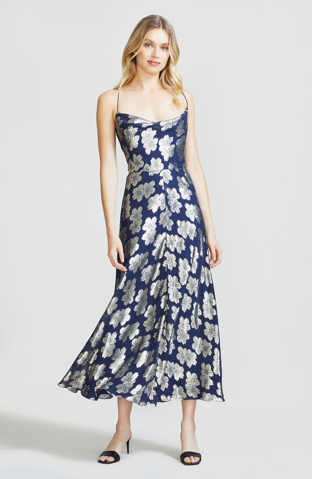 Floral Metallic Jacquard Cowl Neck Midi Dress – Lela Rose