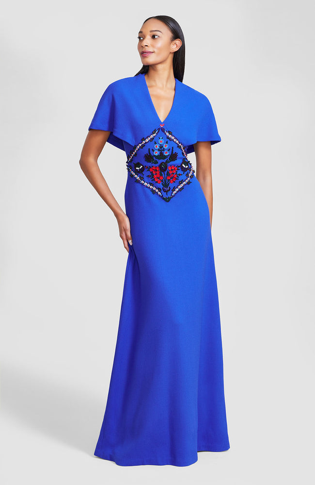 Embroidered Wool Crepe Capelet Gown