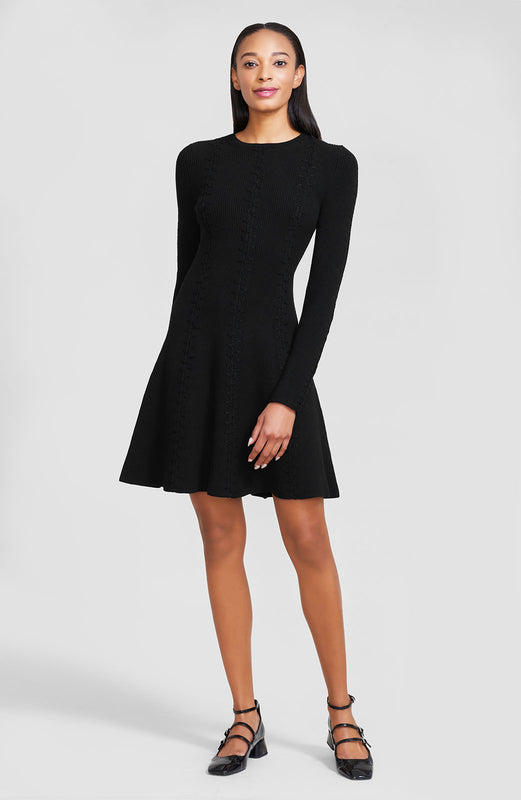 Embroidered Seam Rib Knit Fit and Flare Dress