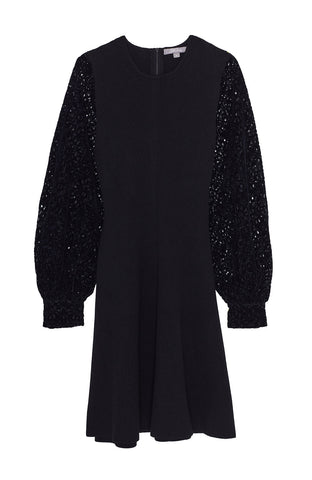 Rib Knit Fit and Flare Dress with Flocked Velvet Lace Sleeves