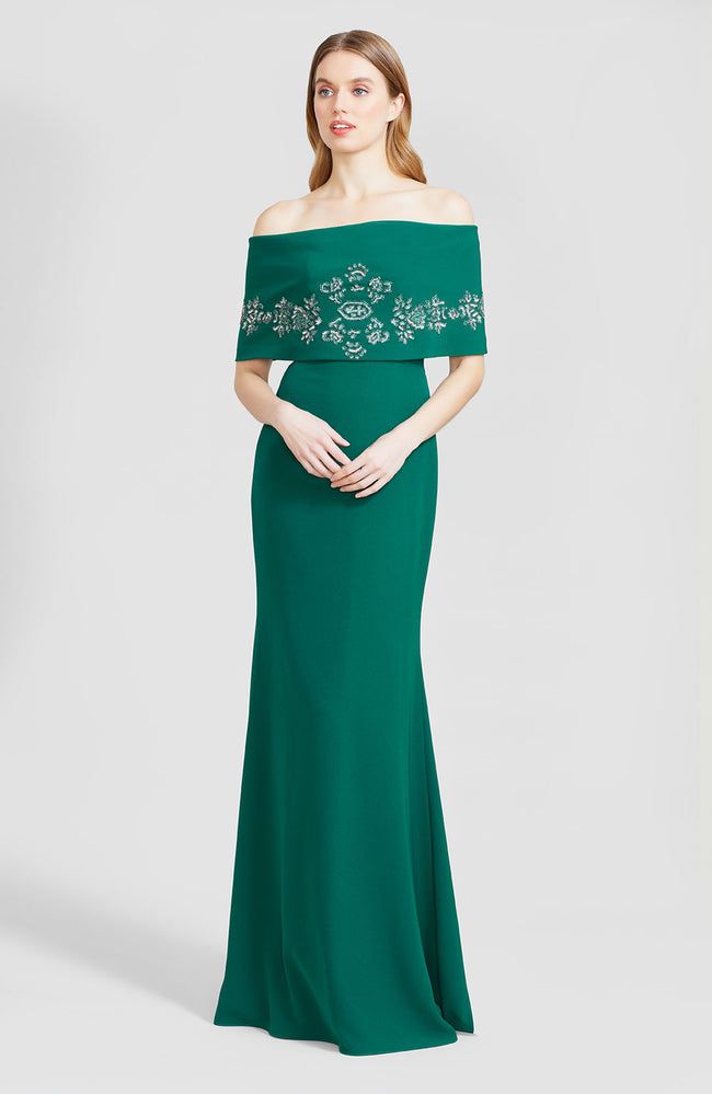 Embroidered Fluid Crepe Off The Shoulder Gown
