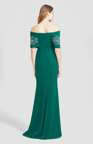 Embroidered Fluid Crepe Off The Shoulder Gown