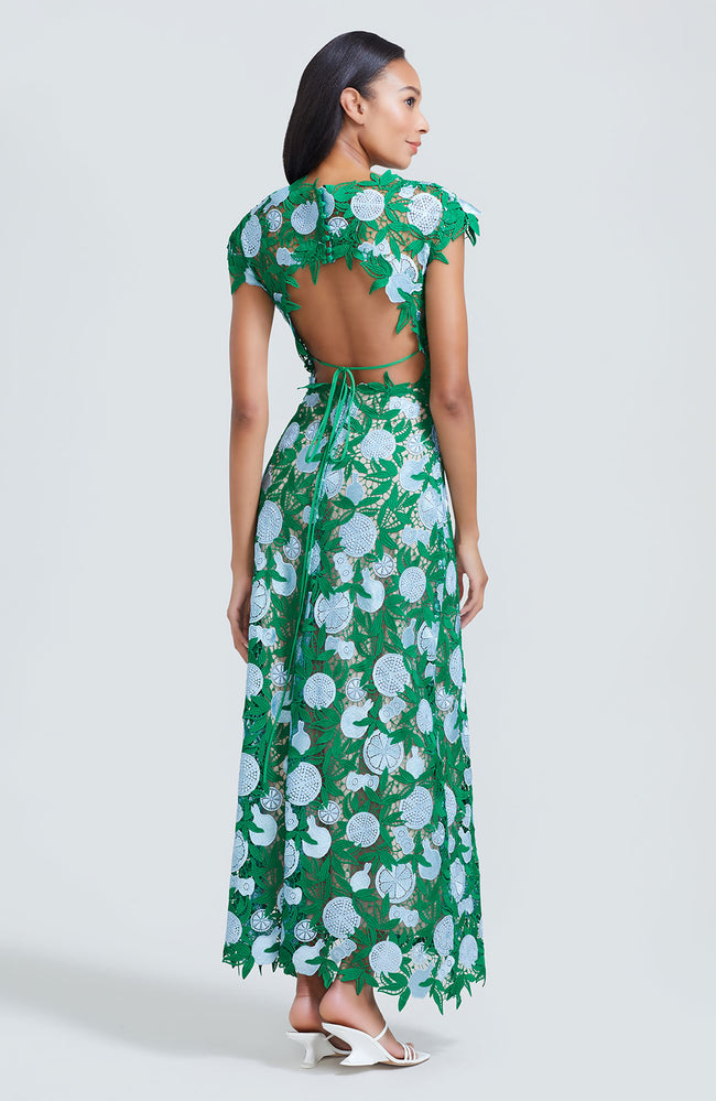 Fruit Guipure Lace Full Skirt Midi Dress with Open Back Detail